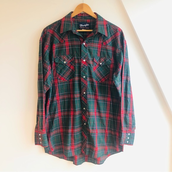 Wrangler Vintage Red Green Plaid Cotton button up X-LONG TAILS 17-36 TALL - Picture 2 of 13